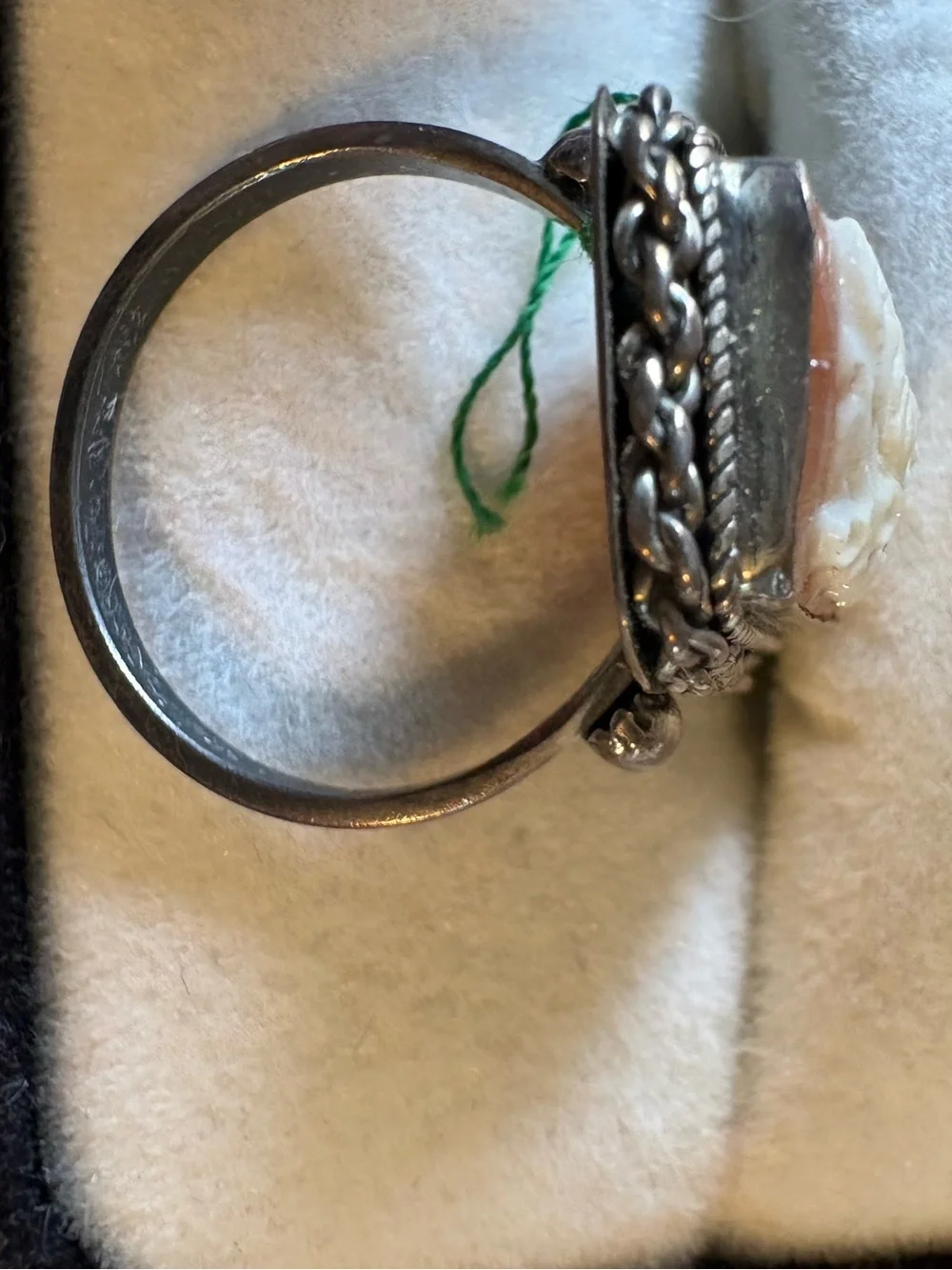 Sterling signed Cameo Ring in White and Tan Silver Setting